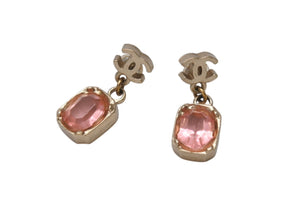 Very Good Condition CHANEL Earrings Dangle Coco Mark Square Stone 07A Engraved Gold Pink GP Used 4b001373