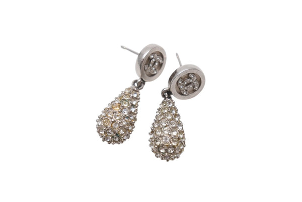 Very Good Condition CHANEL Earrings Both Ear Accessories Coco Mark 21B Engraved Rhinestone 5.4g Metal Silver Used 4b001375