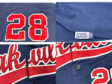 画像をギャラリービューアに読み込む, MAJESTIC マジェスティック ベースボールシャツ ユニフォーム 半袖 28 ポリエステル ネイビー レッド サイズYOUTH L 美品 中古 4b001407