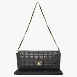 Very Good Condition CHANEL Chocolate Bar Chain Shoulder Bag Lambskin Black x Gold Ladies No. 7 Used 4a001447