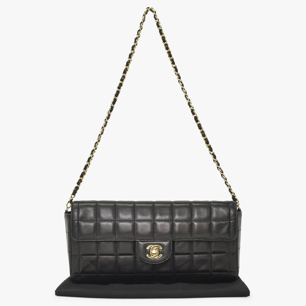 Very Good Condition CHANEL Chocolate Bar Chain Shoulder Bag Lambskin Black x Gold Ladies No. 7 Used 4a001447