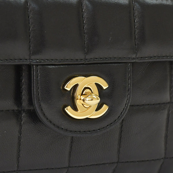 Very Good Condition CHANEL Chocolate Bar Chain Shoulder Bag Lambskin Black x Gold Ladies No. 7 Used 4a001447