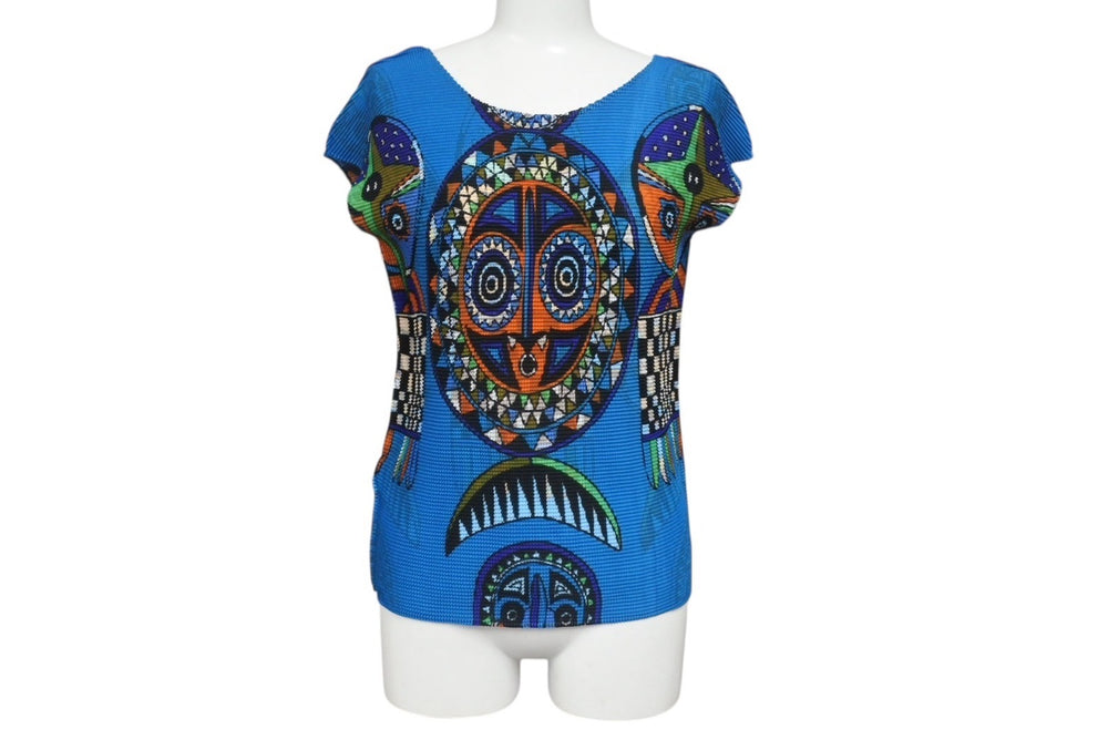 Very good condition me ISSEY MIYAKE pleated cut and sew T-shirt MI53FK377 Blue Orange Green Used 4b001613