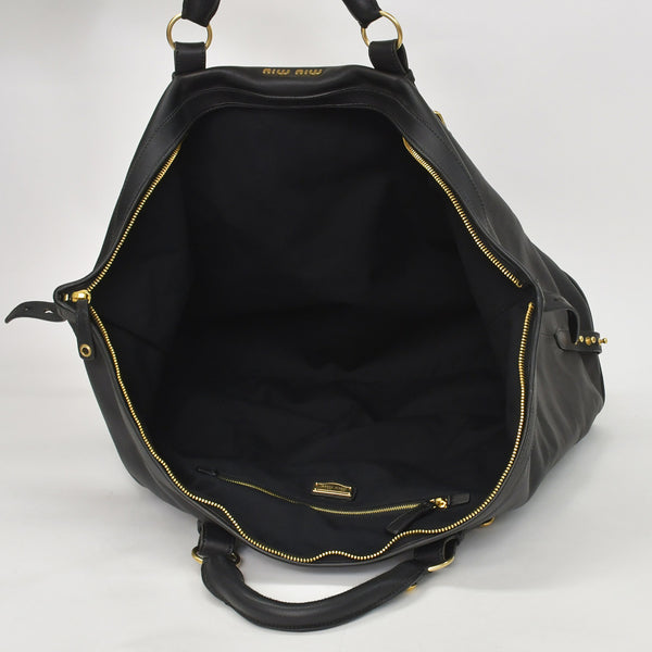 極美品 MIU MIU ミュウミュウ ブラック レザー ハンドバッグ VITRLLO LUX 2WAY ゴールド金具 中古 4a001642