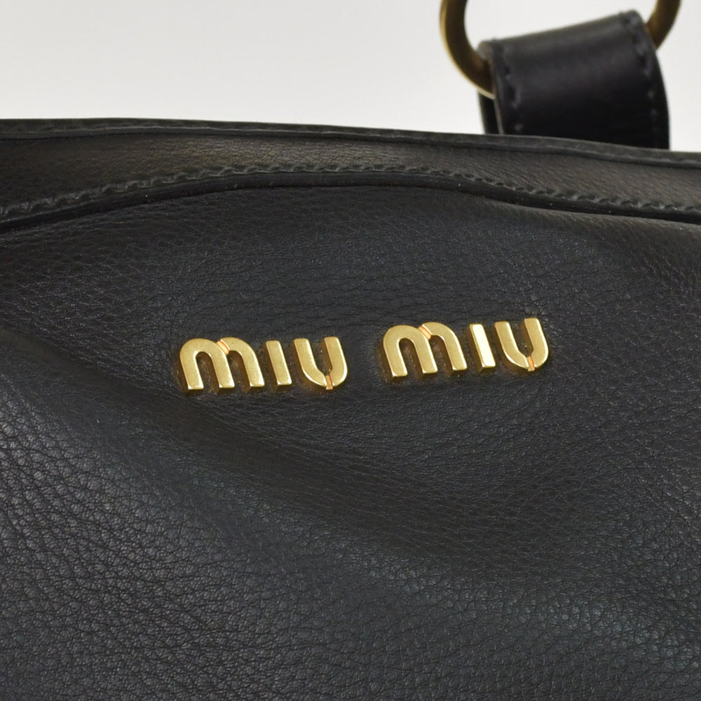Very Good Condition MIU MIU Black Leather Handbag VITRLLO LUX 2WAY Gold Hardware Used 4a001642