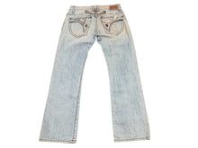Load image into Gallery viewer, 極美品 ROBIN'S JEAN ロビンズジーン ヴィンテージ加工 フレアデニムパンツ D5095 刺繍 スタッズ ライトインディゴ サイズ34 中古 4b001684