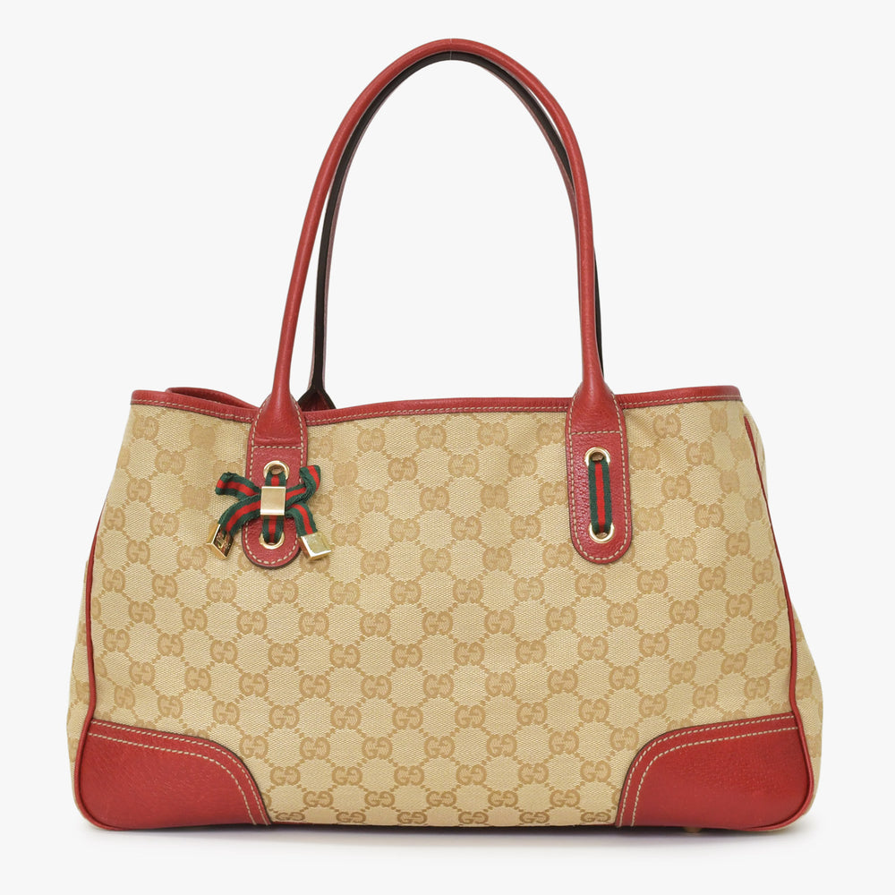 GUCCI グッチ ワンショルダー ハンドバッグ 163805 2123 GGキャンバス シェリーライン レザー ベージュ レッド 美品 中古 4a001687
