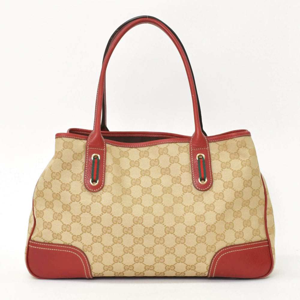GUCCI グッチ ワンショルダー ハンドバッグ 163805 2123 GGキャンバス シェリーライン レザー ベージュ レッド 美品 中古 4a001687