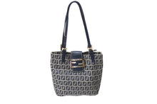 画像をギャラリービューアに読み込む, FENDI フェンディ マンマバケット トートバッグ ハンドバッグ ズッキーノ ネイビー コットンキャンバス シルバー金具 中古 4b001755