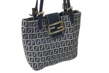 画像をギャラリービューアに読み込む, FENDI フェンディ マンマバケット トートバッグ ハンドバッグ ズッキーノ ネイビー コットンキャンバス シルバー金具 中古 4b001755