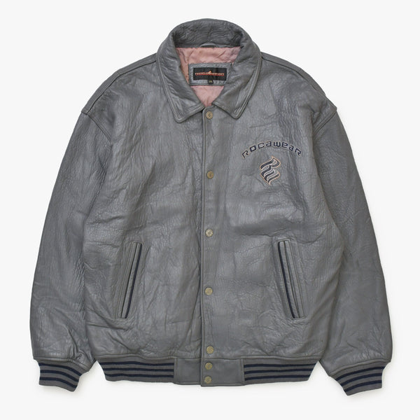RocaweaR Vintage Leather Jacket Gray XXL Size Genuine Leather Stadium Jacket Good Used 4a001768