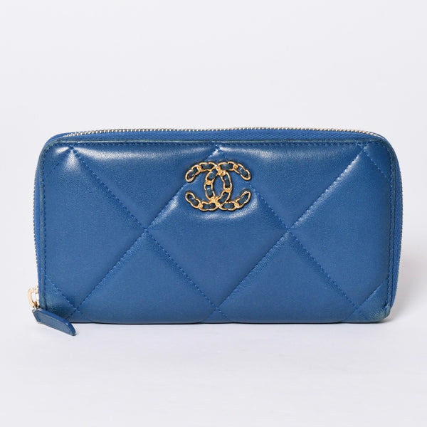 CHANEL シャネル ココマーク ラウンド長財布 30番台 マトラッセ ブルー レザー ゴールド金具 美品 中古 4a001525