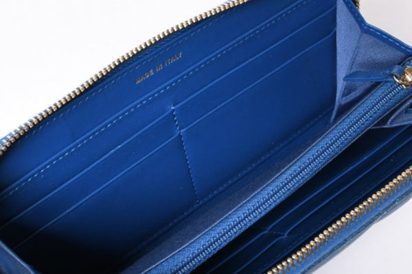 CHANEL シャネル ココマーク ラウンド長財布 30番台 マトラッセ ブルー レザー ゴールド金具 美品 中古 4a001525