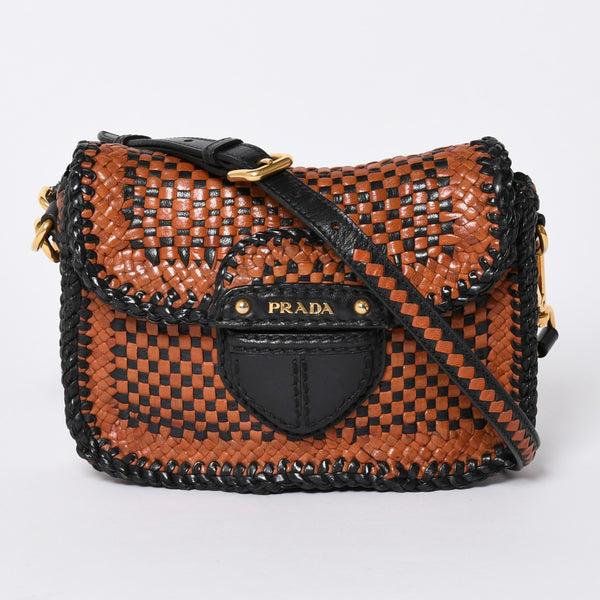 PRADA Braided Madras Shoulder Bag Triangular Plate Brown Black Good Condition Used 4a001621