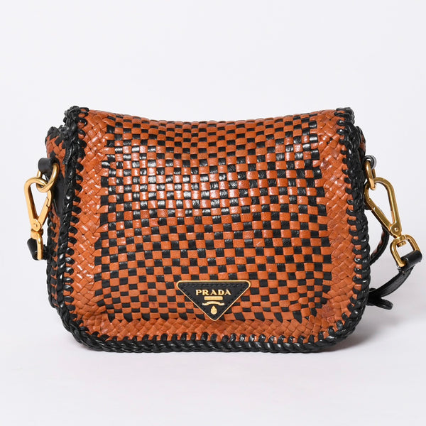 PRADA Braided Madras Shoulder Bag Triangular Plate Brown Black Good Condition Used 4a001621