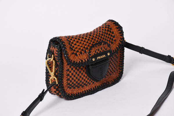 PRADA Braided Madras Shoulder Bag Triangular Plate Brown Black Good Condition Used 4a001621
