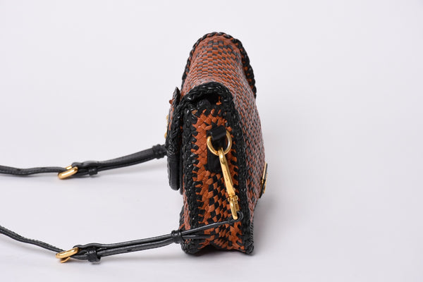 PRADA Braided Madras Shoulder Bag Triangular Plate Brown Black Good Condition Used 4a001621