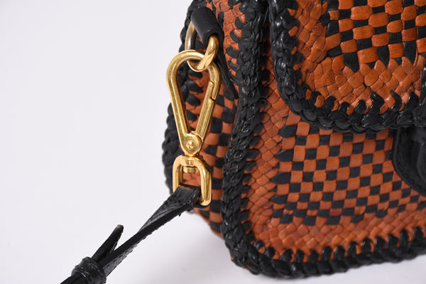 PRADA Braided Madras Shoulder Bag Triangular Plate Brown Black Good Condition Used 4a001621