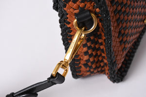 PRADA Braided Madras Shoulder Bag Triangular Plate Brown Black Good Condition Used 4a001621