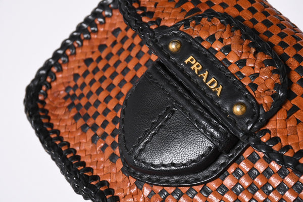 PRADA Braided Madras Shoulder Bag Triangular Plate Brown Black Good Condition Used 4a001621