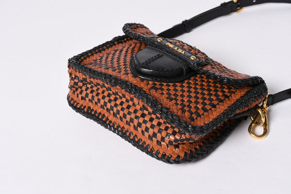 PRADA Braided Madras Shoulder Bag Triangular Plate Brown Black Good Condition Used 4a001621
