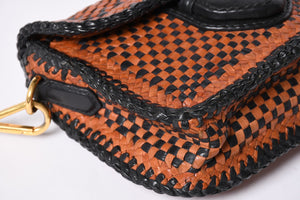PRADA Braided Madras Shoulder Bag Triangular Plate Brown Black Good Condition Used 4a001621