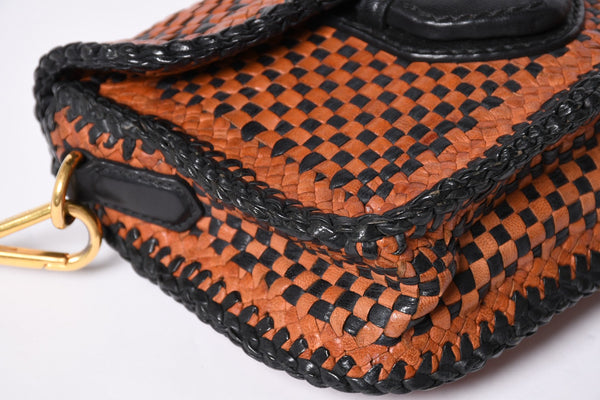 PRADA Braided Madras Shoulder Bag Triangular Plate Brown Black Good Condition Used 4a001621