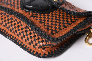 PRADA Braided Madras Shoulder Bag Triangular Plate Brown Black Good Condition Used 4a001621
