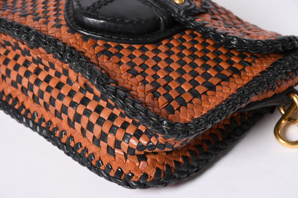 PRADA Braided Madras Shoulder Bag Triangular Plate Brown Black Good Condition Used 4a001621