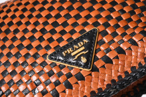 PRADA Braided Madras Shoulder Bag Triangular Plate Brown Black Good Condition Used 4a001621