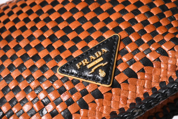 PRADA Braided Madras Shoulder Bag Triangular Plate Brown Black Good Condition Used 4a001621