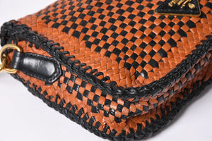 PRADA Braided Madras Shoulder Bag Triangular Plate Brown Black Good Condition Used 4a001621