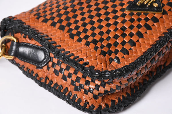 PRADA Braided Madras Shoulder Bag Triangular Plate Brown Black Good Condition Used 4a001621