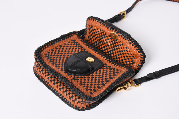 PRADA Braided Madras Shoulder Bag Triangular Plate Brown Black Good Condition Used 4a001621