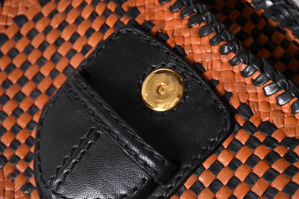 PRADA Braided Madras Shoulder Bag Triangular Plate Brown Black Good Condition Used 4a001621
