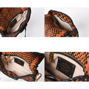 PRADA Braided Madras Shoulder Bag Triangular Plate Brown Black Good Condition Used 4a001621