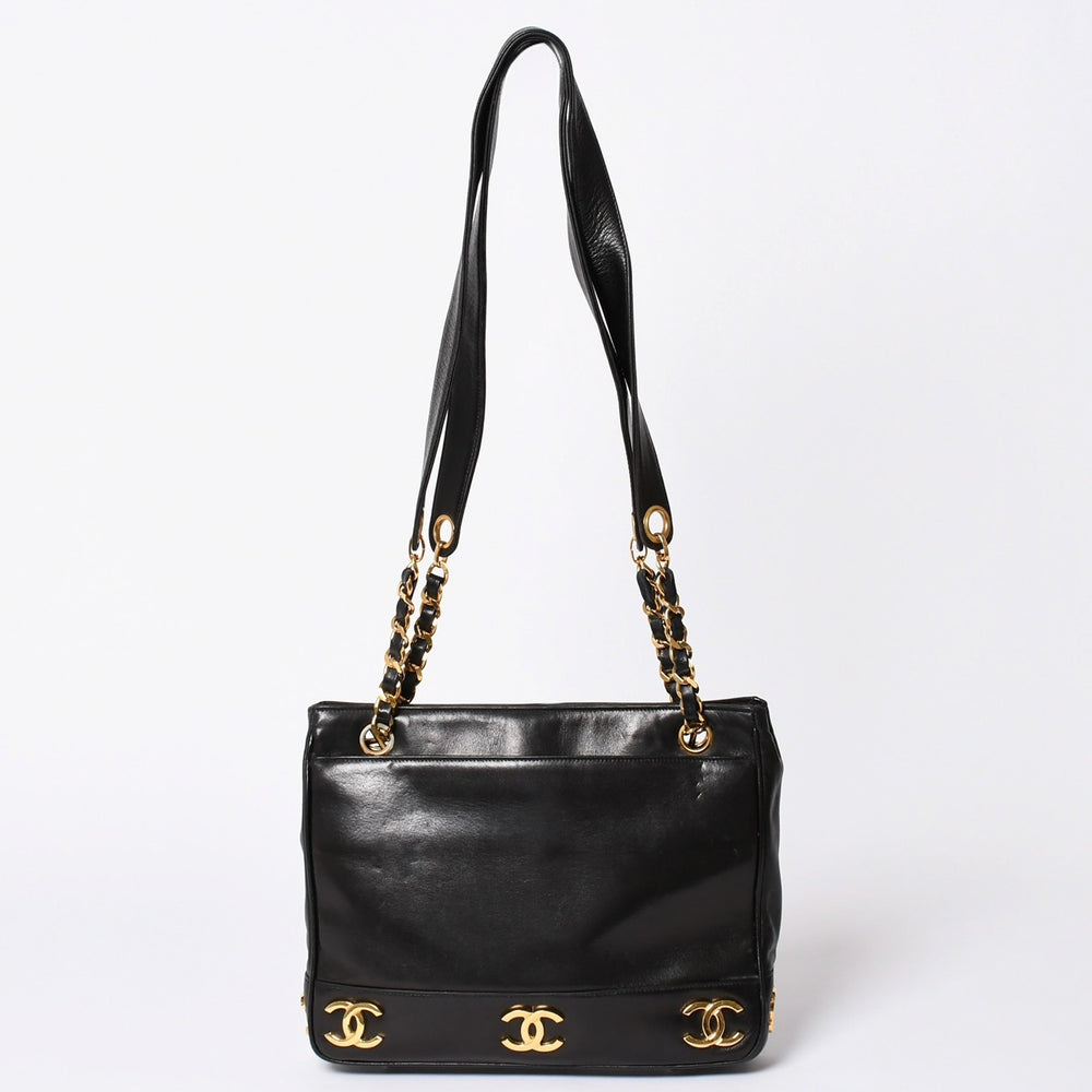 CHANEL Triple Coco Chain Shoulder Bag A03675 Black Gold Hardware Good Used 4a001636