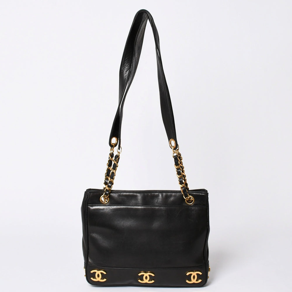 CHANEL Triple Coco Chain Shoulder Bag A03675 Black Gold Hardware Good Used 4a001636