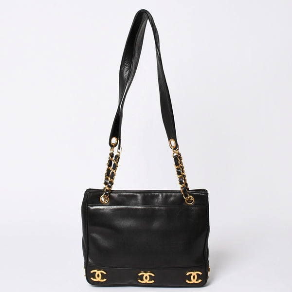 CHANEL Triple Coco Chain Shoulder Bag A03675 Black Gold Hardware Good Used 4a001636