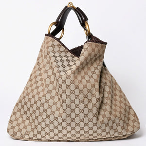GUCCI Gucci Horsebit Tote Bag GG Pattern 114900 Gold Hardware Brown Good Condition Used 4a001564