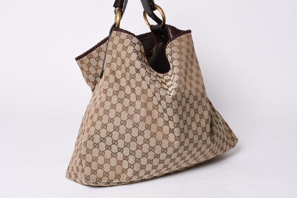 GUCCI Gucci Horsebit Tote Bag GG Pattern 114900 Gold Hardware Brown Good Condition Used 4a001564