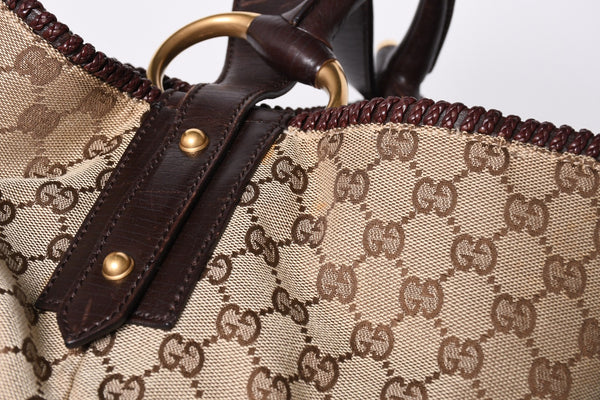 GUCCI Gucci Horsebit Tote Bag GG Pattern 114900 Gold Hardware Brown Good Condition Used 4a001564