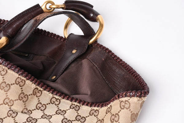 GUCCI Gucci Horsebit Tote Bag GG Pattern 114900 Gold Hardware Brown Good Condition Used 4a001564