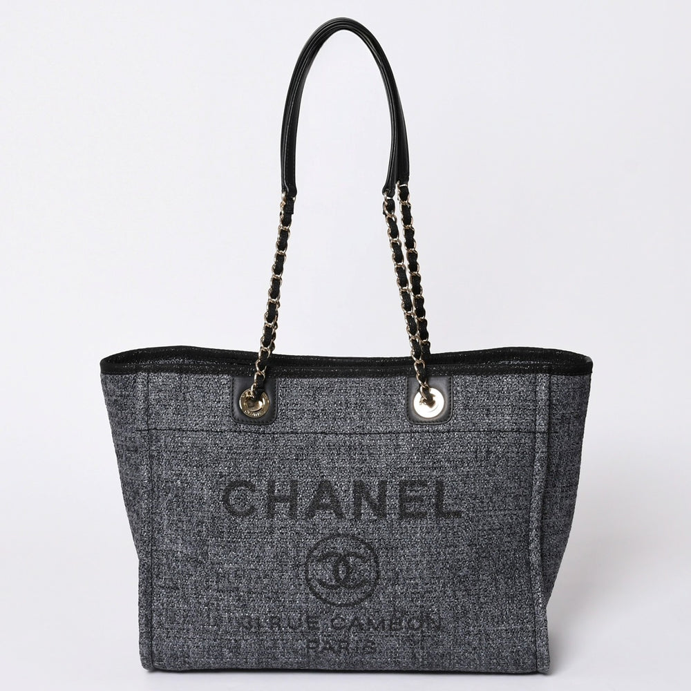 極美品 CHANEL シャネル Deauville ドーヴィル ランダム 新作 チェーントートバッグ ツイード ネイビー ゴールド金具 中古 4a001625