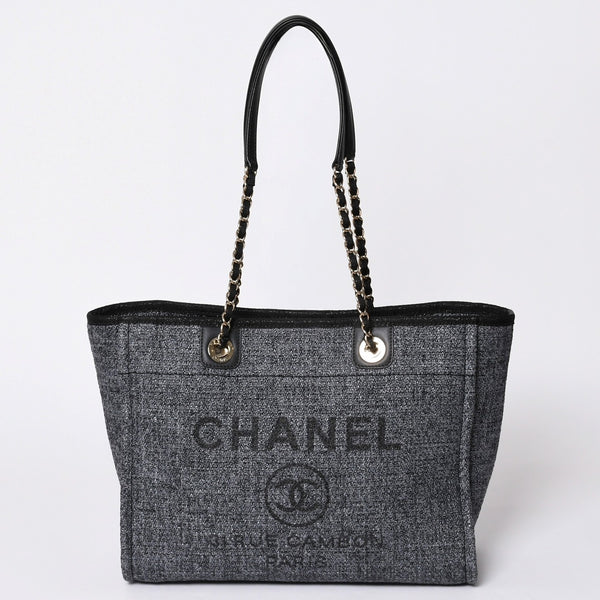 Very Good Condition CHANEL Chanel Deauville Random New Chain Tote Bag Tweed Navy Gold Hardware Used 4a001625