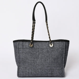 Very Good Condition CHANEL Chanel Deauville Random New Chain Tote Bag Tweed Navy Gold Hardware Used 4a001625
