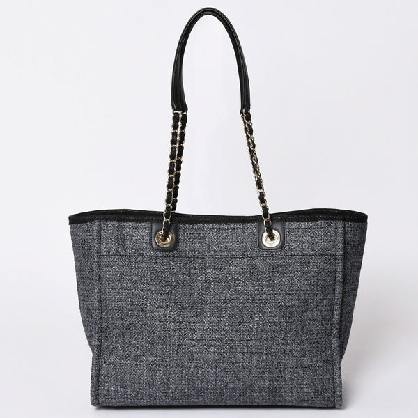 Very Good Condition CHANEL Chanel Deauville Random New Chain Tote Bag Tweed Navy Gold Hardware Used 4a001625