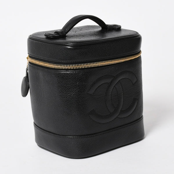 CHANEL シャネル バニティバッグ ハンドバッグ 4番台 ココマーク キャビアスキン ブラック ゴールド金具 美品 中古 4a005781