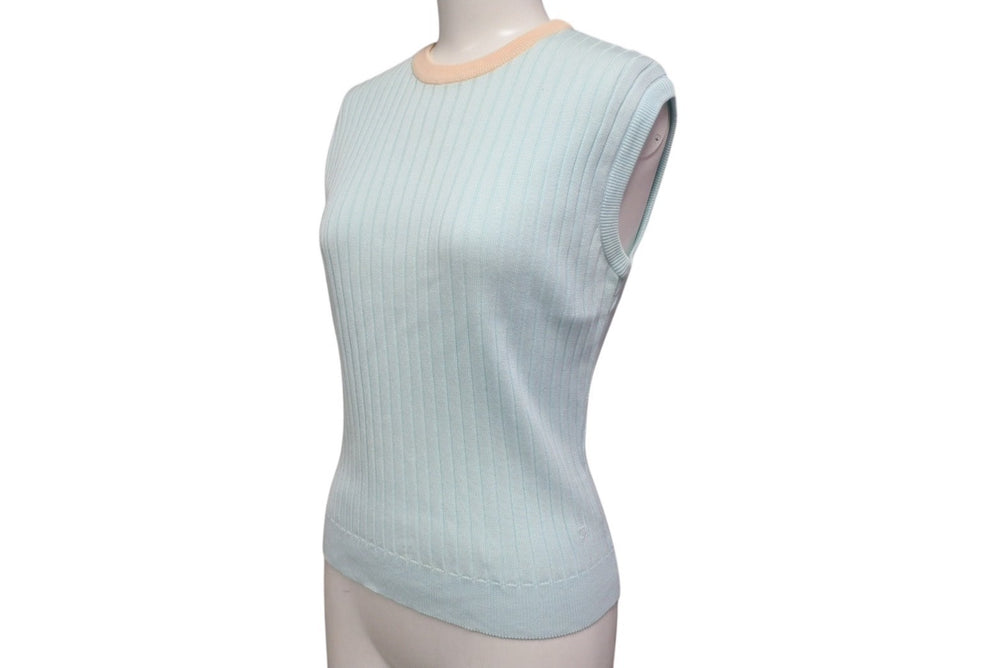 Very Good Condition CHANEL Ensemble Coco Mark Knit Sleeveless Tank Top Cotton Light Blue Orange Size 40 Used 4b001817