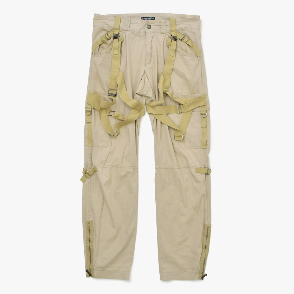 DOLCE&GABBANA ドルチェアンドガッバーナ パラシュート ボンテージカーゴパンツ VP29T U6CB コットン ベージュ ブラックメタル金具 サイズ48 美品 中古 4a001868